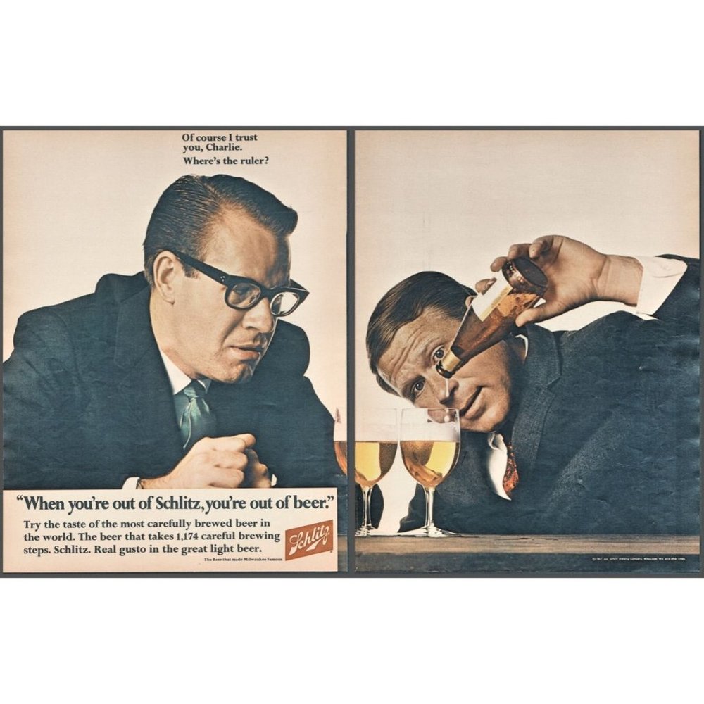 1967 Schlitz Beer 2 Page Vintage Print Ad Sharing a Bottle Even Pour Wall Art